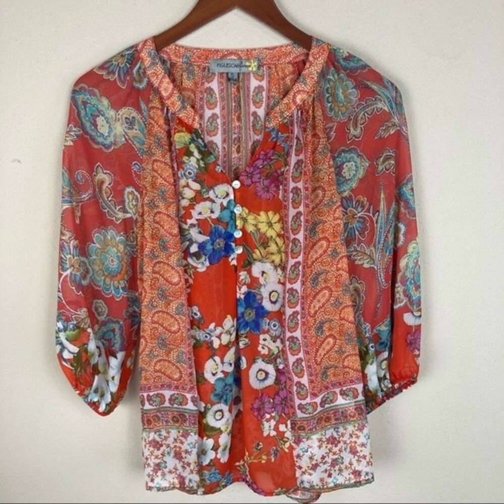 Figueroa&Flower Anthropologie Floral Patterned Tunic Split Neck Size Sm. Womens